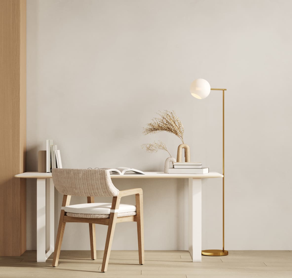 Interior working desk with wooden chair and lamp